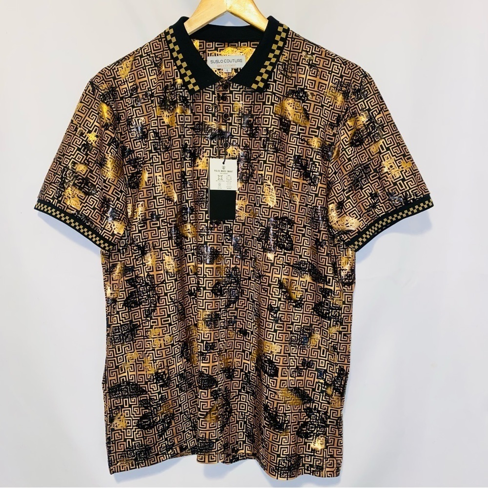 NWT Suslo Couture Gold & Black Luxury Printed Shortsleeve Polo Size Large - Picture 2 of 9